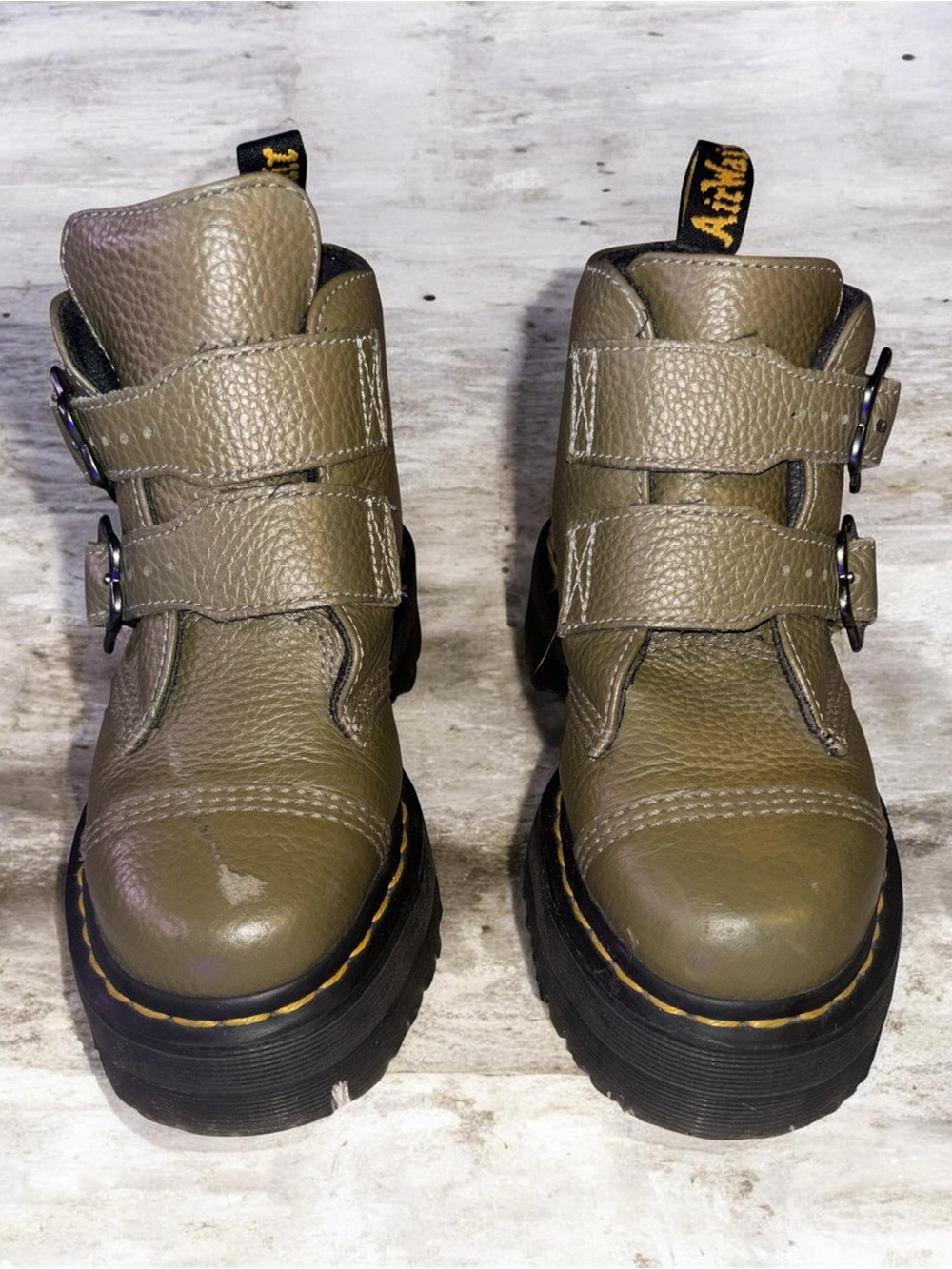 Dr. Martens Devon Flower Leather Platform Boots in khaki green